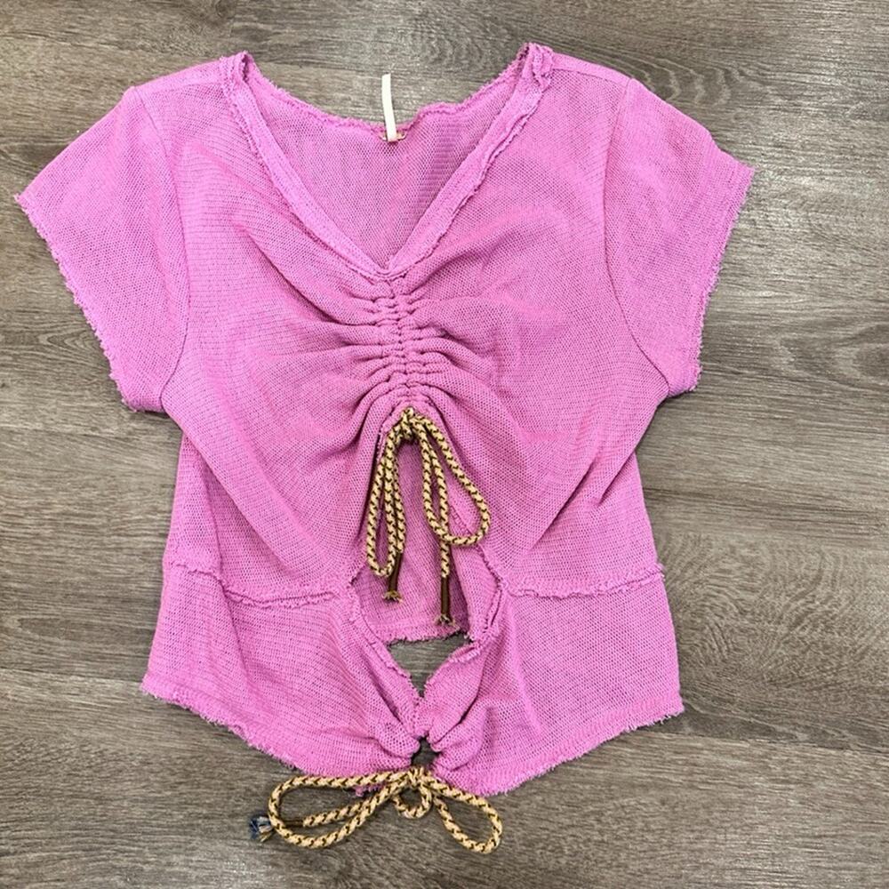 Free People Pink Ruched Tie-Front Crop Top